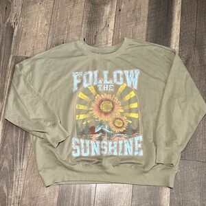 Maurices Olive Green Graphic Crewneck with Blue & Orange Print